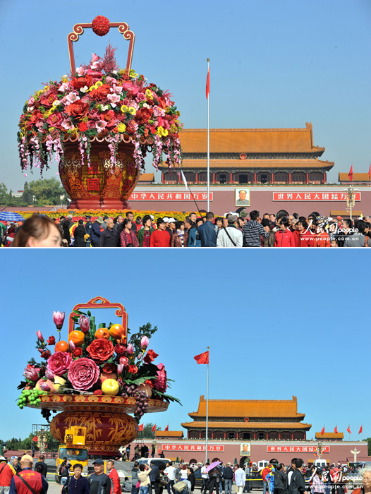天安門國慶花籃組裝完畢 部分使用去年留存花瓣