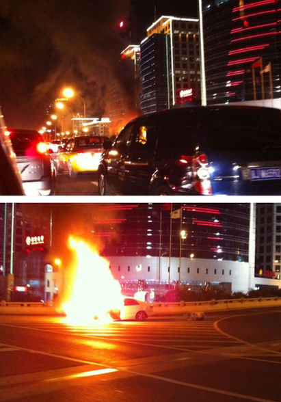 國貿(mào)橋一轎車自燃 火光沖天
