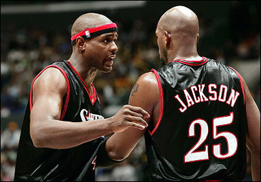 Philadelphia 76ers 
 forward 
 Chris Webber, pictured here 27 March 2005 with teammate Marc Jackson (R), ignored the advice of doctors and will miss the next week to 10 days of the National Basketball Association season as a result. [AFP]