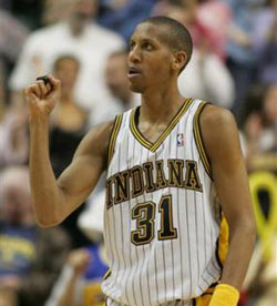 Indiana Pacers 
 Reggie 
 Miller reacts after hitting a shot against the Miami Heat in overtime in Indianapolis, Thursday, March 31, 2005. Miller finished with 31 points in the Pacers' 114-108 win. [AP]