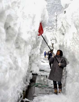 A woman digs to create a pathway through heavy snow which has piled up to over three metres in the northern Japanese town of Tsunan January 6, 2006.