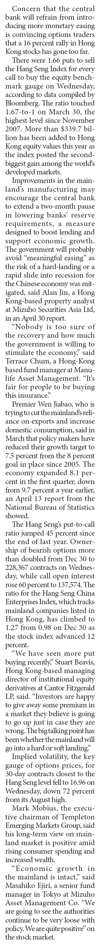 HK puts exceed calls most since 2007