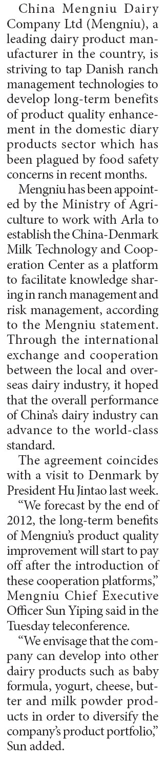 Mengniu to tap Danish dairy tech for food safety