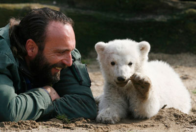 Berlin zoo employee Thomas Doerflein plays with polar bear cub Knut during the bear's first presentation in Berlin zoo, March 23, 2007. Knut, born on December 5, 2006, had to be hand fed every four hours by Doerflein after its mother Tosca refused the baby.