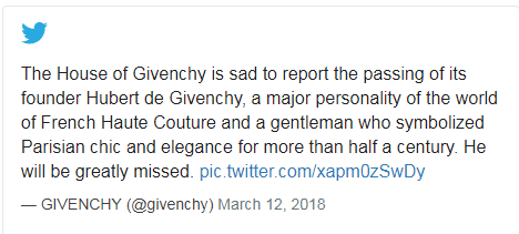 法國時尚大師紀梵希去世 與赫本友誼長達40年