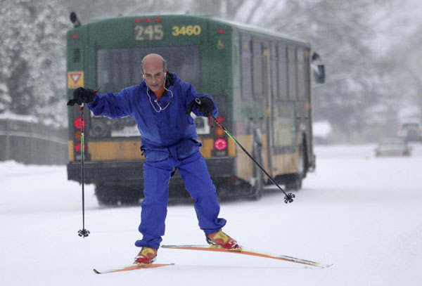 Seattle-area resident Jamshid Khajavi sees the heavy snowfall as an opportunity to ski cross-country from his home in Kirkland to Bellevue, Washington, a 20 miles roundtrip, January 18, 2012. Washington braced for epic snowstorm