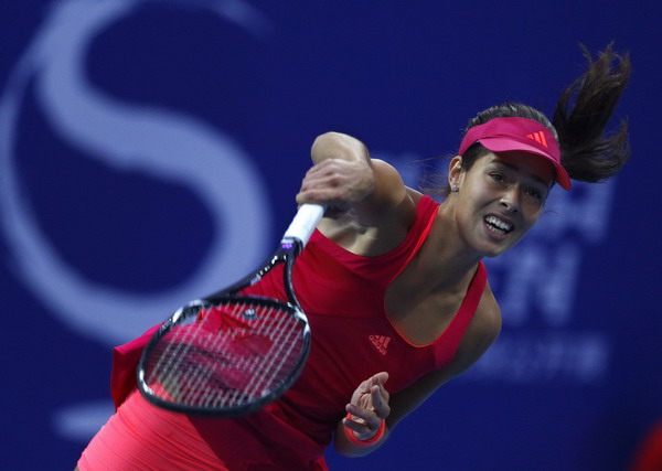 Serbia's Ana Ivanovic serves during her match against Russia's Vera Zvonareva at the China Open tennis tournament in Beijing Oct 5, 2011. Zvonareva beaten by Ivanovic at China Open